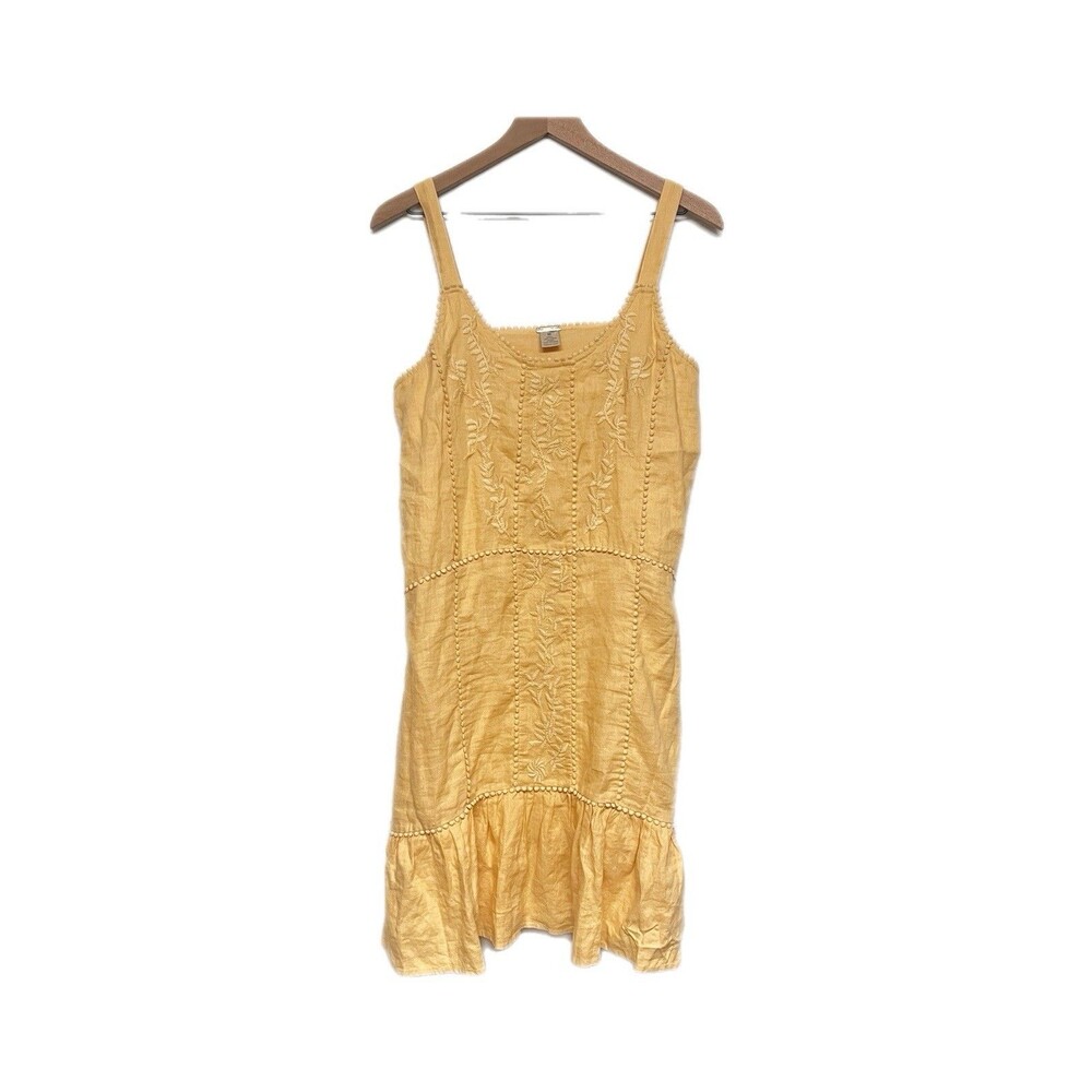 Magaschoni 100% Linen Boho Butter Yellow Embroidered Ruffle Sundress Size M